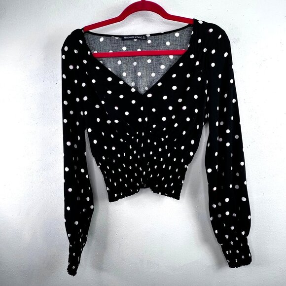 Abercrombie & Fitch Polka Dot Crop Top S Black Smocked V Neck Long Sleeve Blouse - Picture 1 of 7